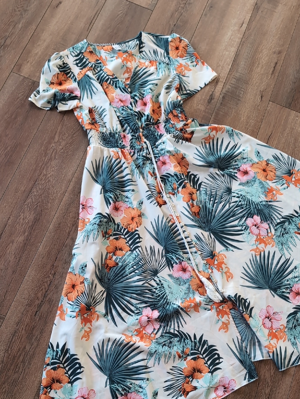 Floral Tropical White Maxi Dress with Orange & Teal Print